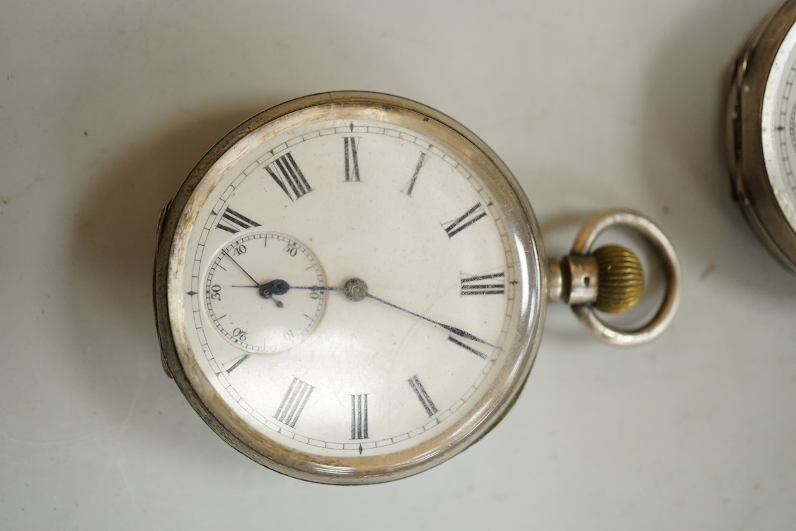 A late Victorian silver 'Improved Patent' open faced pocket watch, with Roman dial and subsidiary seconds, together with four other silver or white metal pocket/fob watches and three base metal chain sections.